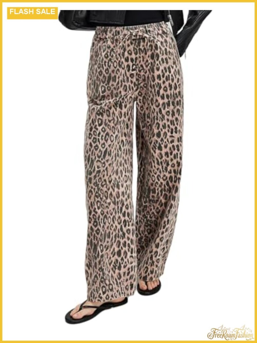 Women's Leopard Print Barrel Jeans Mid Rise Baggy Denim Pants